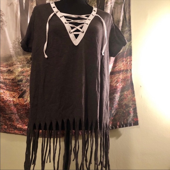 Charcoal grey lace up tee shirt with fringe - Picture 3 of 7